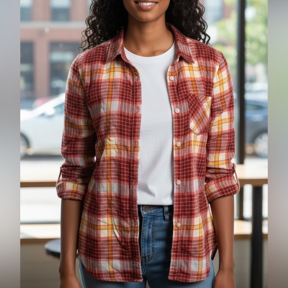 Old Navy Women's Size XS The Tunic Shirt Button Down Burgundy White Plaid Cotton